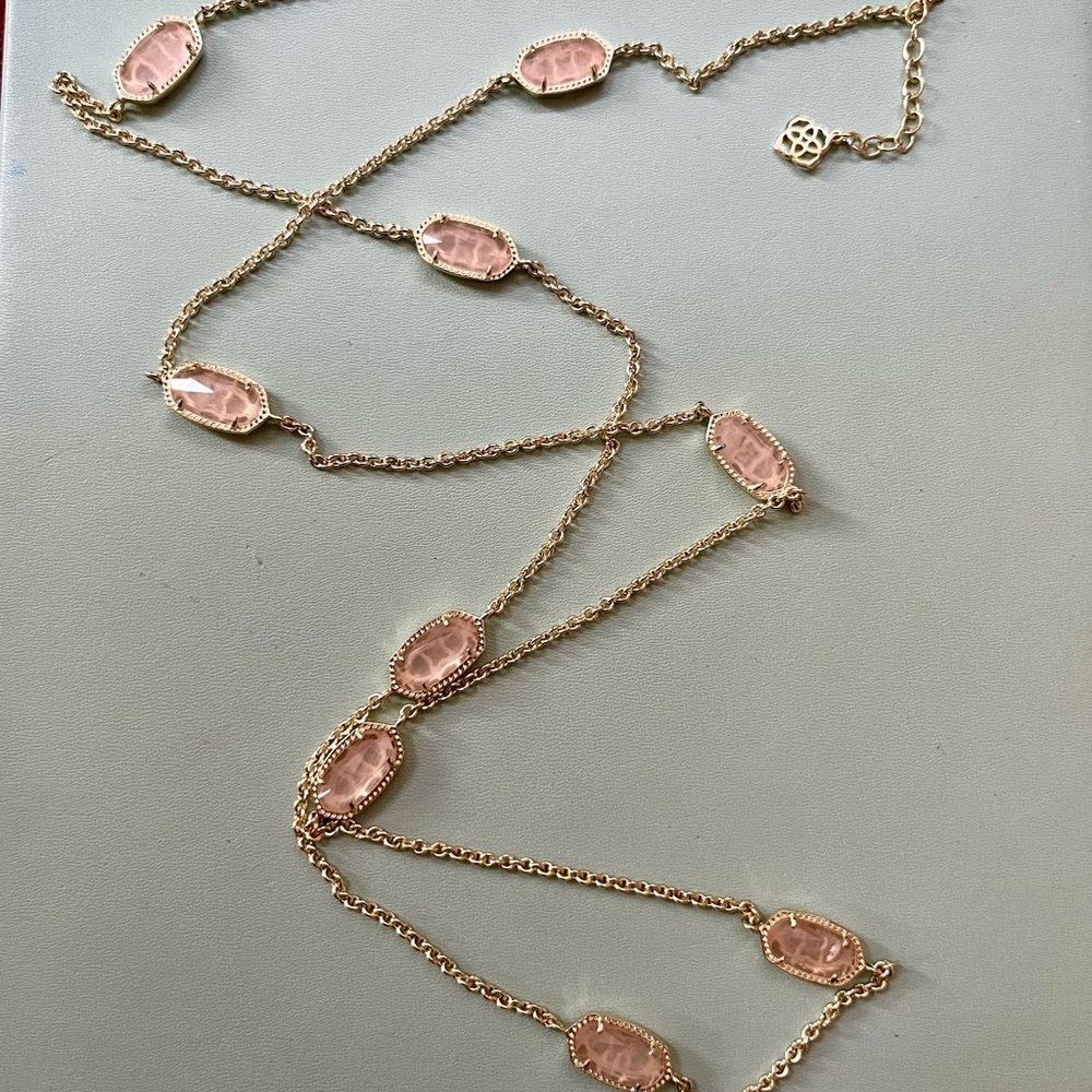 Kendra Scott Kelsie/Kellie Gold Long Station Necklace in Rose Quartz